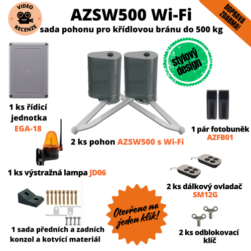 AZSW500 - vestavěné koncové spínače a Wi-Fi, sada pohonu pro křídlovou bránu do 500 kg